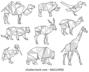 vector set of origami wild animal silhouettes (camel, wild boar, bird, Parrot, Bobcat, Lion, Tiger, Antelope, alpaca, Lama, giraffe, bear, Grizzly, cormorant)