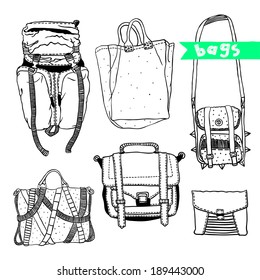 Vector set with original bags. Hand drawn fashion illustration. Actual drawing wear objects: backpack, portfolio, handbag, case