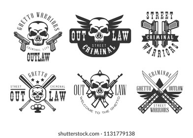 Vector set of original emblems related to criminal life. Monochrome labels with skulls, guns, crossed baseball bats and knives