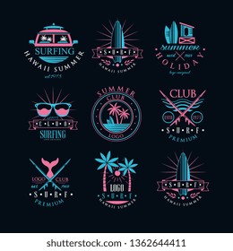 Vector set of original emblems for surfing club. Vintage logos with surfboards, palm trees, vans and sunglasses. Summer theme