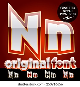 Conjunto vectorial de alfabeto blanco brillante original con borde dorado. Letra N