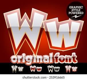 Vector set of original glossy white alphabet with gold border. Letter W