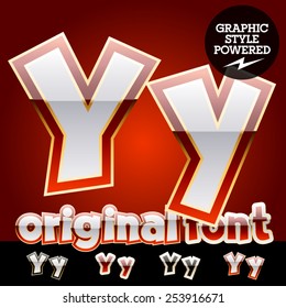 Vector set of original glossy white alphabet with gold border. Letter Y