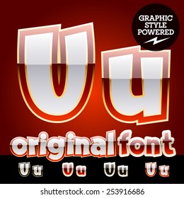 Vector set of original glossy white alphabet with gold border. Letter U