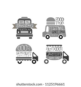 Vector set of original logo templates for food truck festival. Street eating. Emblems with vans, ribbon, hot dog and burgers
