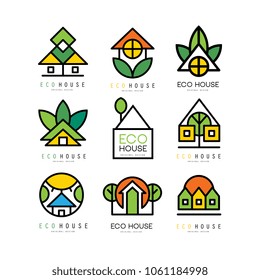 Vector set of original logos with eco friendly houses. Ecological construction. Linear emblems for or architectural service, building or real estate agency