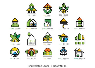 Vector set of original logos with eco friendly houses. Ecological construction. Linear emblems for or architectural service, building or real estate agency