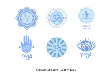 Vector set of original logos for yoga studio or meditation center. Healthcare and harmony theme