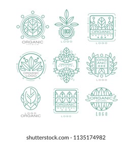 Vector set of original organic logos. Linear emblems with abstract leaves for natural cosmetics, eco food products or wellness center