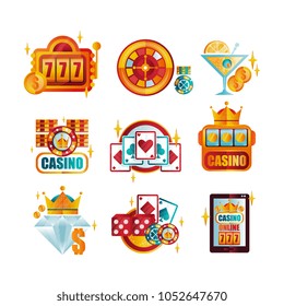 Vector set of original retro logo templates for royal casino/poker club. Gambling emblems. Elements for mobile app or professional tournament promo