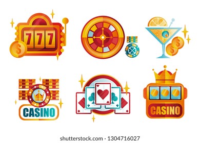 Vector set of original retro logo templates for royal casino poker club. Gambling emblems. Elements for mobile app or professional tournament promo