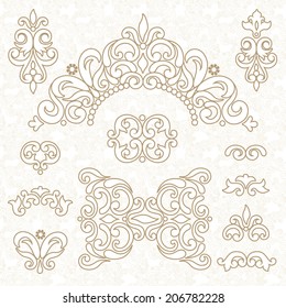 Vector set of ornament in Victorian style. Ornate elements for design and place for text. Ornamental lace pattern for wedding invitations and greeting cards. Traditional decor.