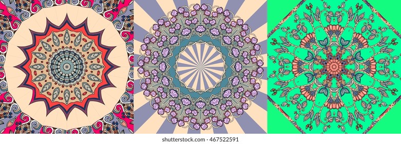 Vector set of ornamental background. Bandana print  or kerchief square pattern. Silk neck scarf design.