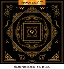 Vector set of ornamental corners, square and round frames. Vintage waves, feathers, owls, birds, clock. Frames in steampunk, tribal style for arts, card and more. Metallic gold color, set 1 from 9