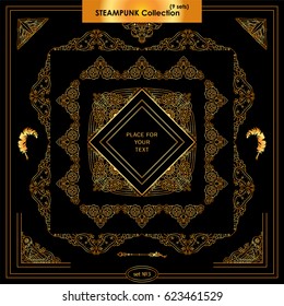 Vector set of ornamental corners, square and round frames. Vintage waves, feathers, owls, birds, clock. Frames in steampunk, tribal style for arts, card and more. Metallic gold color, set 3 from 9