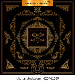 Vector set of ornamental corners, square and round frames. Vintage waves, feathers, owls, birds, clock. Frames in steampunk, tribal style for arts, card and more. Metallic gold color, set 6 from 9