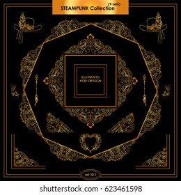 Vector set of ornamental corners, square and round frames. Vintage waves, feathers, owls, birds, clock. Frames in steampunk, tribal style for arts, card and more. Metallic gold color, set 2 from 9