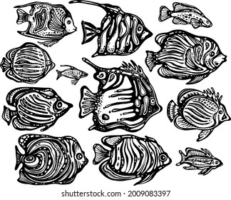 Vector set of Ornamental decorative fish Stylized fish character Hand drawn engraving style