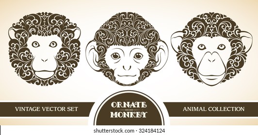 Vector set ornamental decorative monkeys. Monkey patterned head illustration. Animal graphic art. Red monkey - symbol of 2016