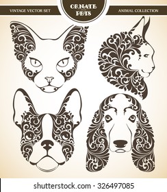 Vector set ornamental decorative pets. Cats and dogs patterned head illustration. Animal graphic art. French Bulldog, sphynx cat, Basset Hound, Maine Coon
