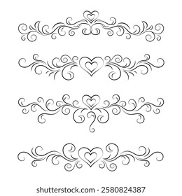 Vector set of ornamental dividers, design elements with hearts and swirls. Abstract cute hand drawn illustration for greeting card, invitation, valentine, wedding.