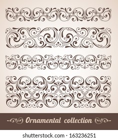 Vector set of ornamental elements. Seamless pattern for frames and borders