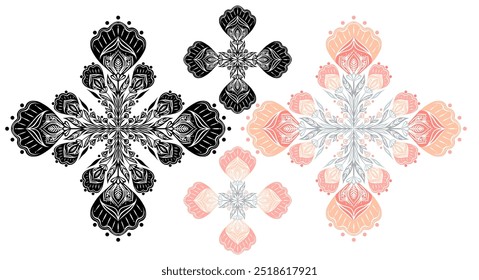 Vector set of ornamental floral delicate colorful and monochrome cliparts isolated from white background. Decorative ornate floral signs and mandalas for invitations, cards and stickers