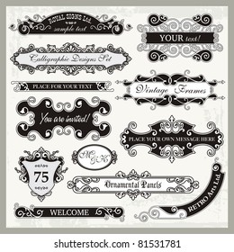 Vector set of ornamental frames and sign designs in vintage style.