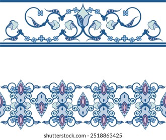 Conjunto de frisos ornamentales de Vector en estilo oriental y turco, diseños decorativos de borde, decoraciones de página para tarjetas de felicitación e invitaciones de boda, diseños de damasco.