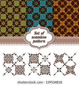 Vector set of ornamental geometric floral background. Seamless pattern for your design wallpapers, pattern fills, web page backgrounds, surface textures.