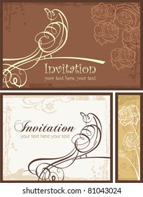 Conjunto vectorial de diseños de invitación ornamentales con pájaro caligráfico y detalles florales. ¡Ideal para el adorno de bodas!