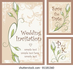 Vektorset von Ziereinladungen mit Rosenknospen. Ideal für Hochzeitseinladungen und Ankündigungen.