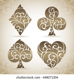 Vector set Ornamental Playing Card Symbols in vintage style on pattern background. Peak, Clubs, Hearts, Diamonds