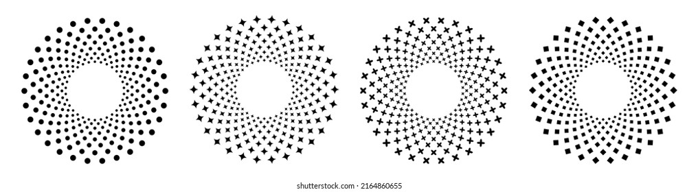 Vector set of ornamental round geometric objects with dots, stars, crosses, and cubes, isolated on a white background.