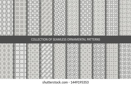 Vector set ornamental seamless patterns. Collection of geometric luxury modern patterns. Endless texture can be used for wallpaper, pattern fill, web page background. 