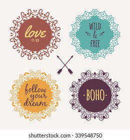 Vector set with ornamental tribal floral frames. Ethnic collection with decorative round elements in boho style.