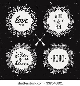 Vector set with ornamental tribal floral frames. Ethnic collection with decorative round elements in boho style.