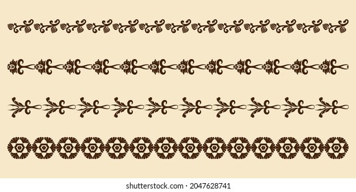 Vector set of ornaments borders in vintage style. Patterned lace frames for design. Brown and beige. Damask patterns. Computer graphics.