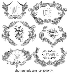 Vector set of   ornaments calligraphic design elements: page decoration, Premium Quality and Satisfaction Guarantee Label, antique and baroque frames and floral ornaments
