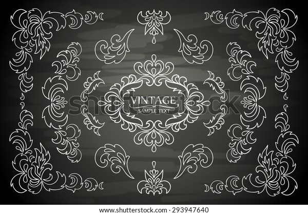 vector set of ornaments, design\
elements, floral frame, hand drawn in chalk on a\
blackboard