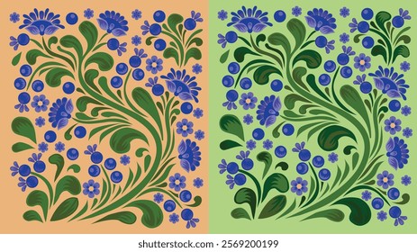 Vector set of ornaments in two colors with blueberries in Petrykivka style.