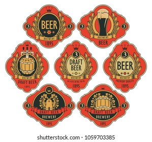 Vector set of ornate beer labels in figured frames on a red background with barrel, beer glass, mill, laurel wreath, ears of wheat and crown
