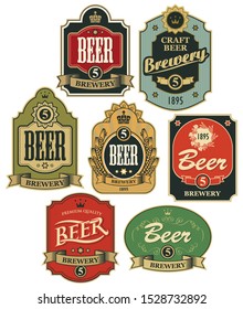 Vector set of ornate beer labels in figured frames with ribbons and crowns in retro style.