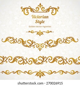 Vector set of ornate borders and vignettes in Victorian style. Gorgeous element for design. Ornamental vintage pattern for wedding invitations, birthday and greeting cards.Traditional golden decor.