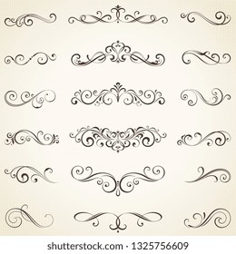 Vector set of ornate calligraphic vintage elements, dividers and page decorations. 