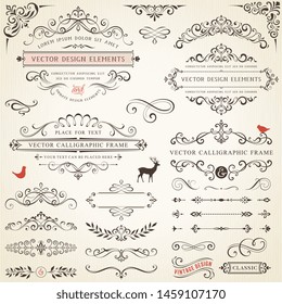 Vector set of ornate calligraphic vintage elements, dividers and page decorations.