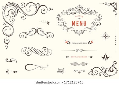 Vector set of ornate calligraphic vintage elements, dividers and page decorations.