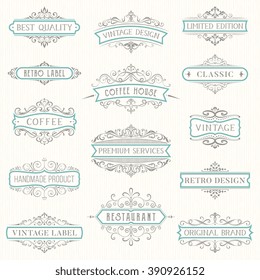 Vector set of ornate calligraphic vintage labels and logo templates. Hotel, restaurant and business identity set. Use for invitations, greeting cards, banners, posters, placards or badges.