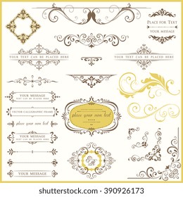 Vector set of ornate calligraphic vintage elements and page decorations. Use for invitations, greeting cards, banners, posters, placards, badges or logotypes.