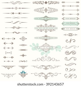 Vector set of ornate calligraphic vintage elements, dividers and page decorations. Use for invitations, greeting cards, banners, posters, placards, badges or logotypes.